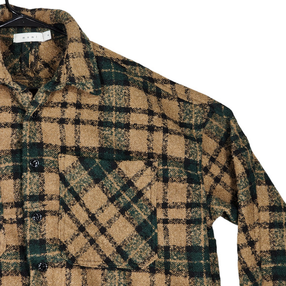 mnml Shacket Shirt Jacket M Men Plaid Loose Woven Flannel Brown Green Raw Hem - Picture 11 of 16